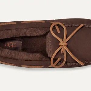 UGG Brown Shearling-Lined Moccasin Slippers with Tan Laces
